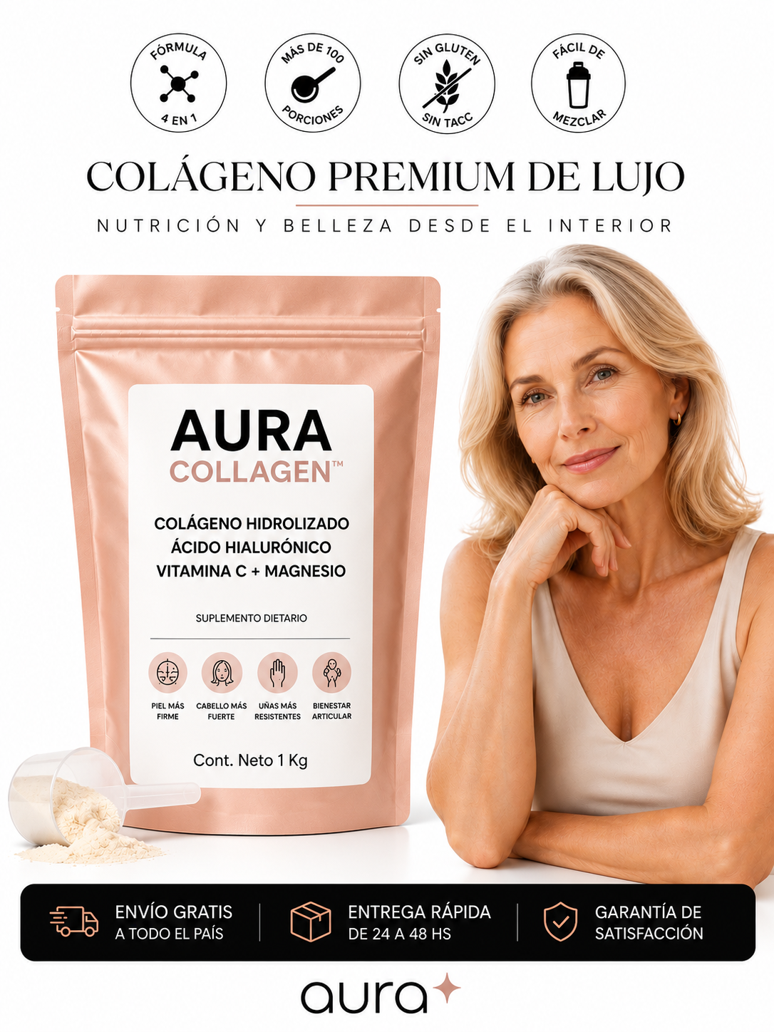 Colágeno Hidrolizado 4 en 1: Fortalece tu piel, cabello, uñas y articulaciones