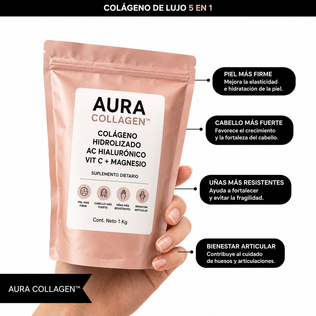 Colágeno Hidrolizado 4 en 1: Fortalece tu piel, cabello, uñas y articulaciones